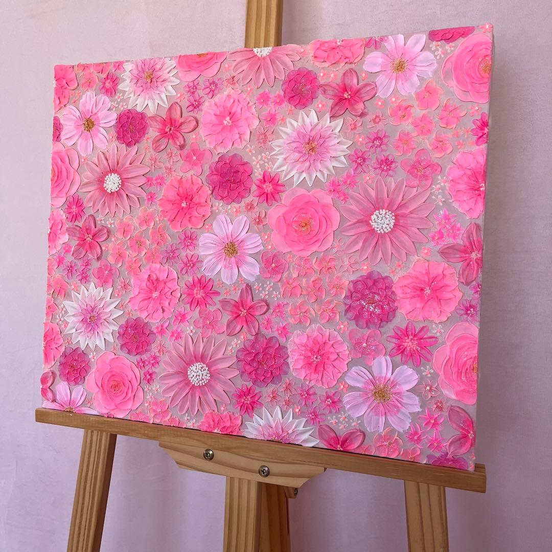 テクスチャーアート 花の絵 花柄 ボタニカルアート 絵画 ピンクの花柄