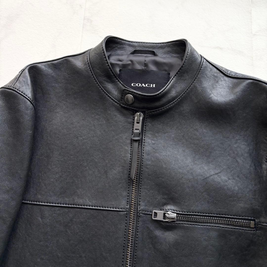 極美品 コーチ 現行 シングルライダースジャケット ラムレザー 黒 US L