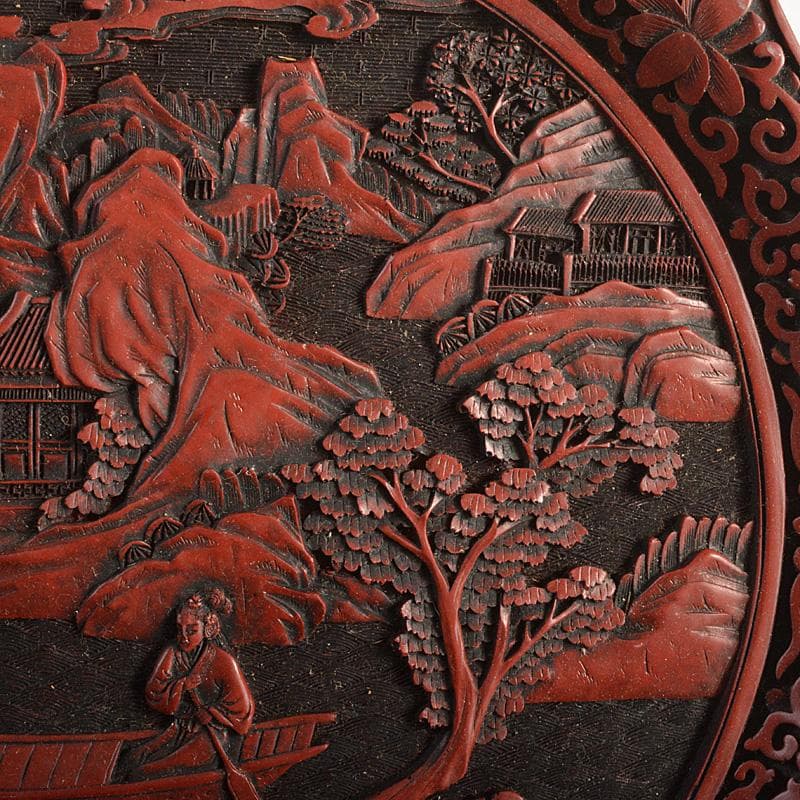 中国　剔紅　堆朱　楼閣山水人物文盤　輪花皿　M　R6804