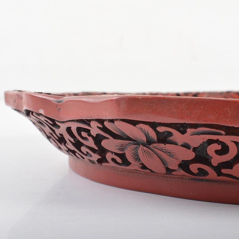 中国　剔紅　堆朱　楼閣山水人物文盤　輪花皿　M　R6804