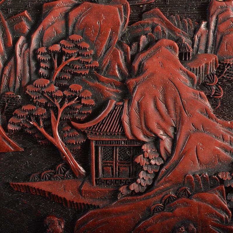 中国　剔紅　堆朱　楼閣山水人物文盤　輪花皿　M　R6804