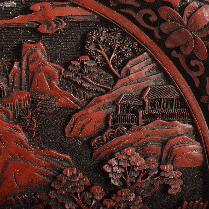 中国　剔紅　堆朱　楼閣山水人物文盤　輪花皿　M　R6804