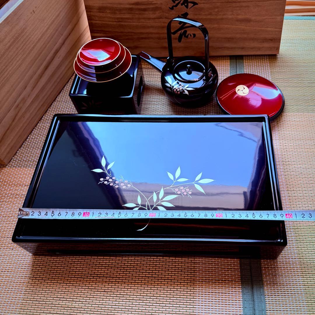 未使用　越前塗　漆器　屠蘇器　正月　天然木製　共箱　黒 銀南天