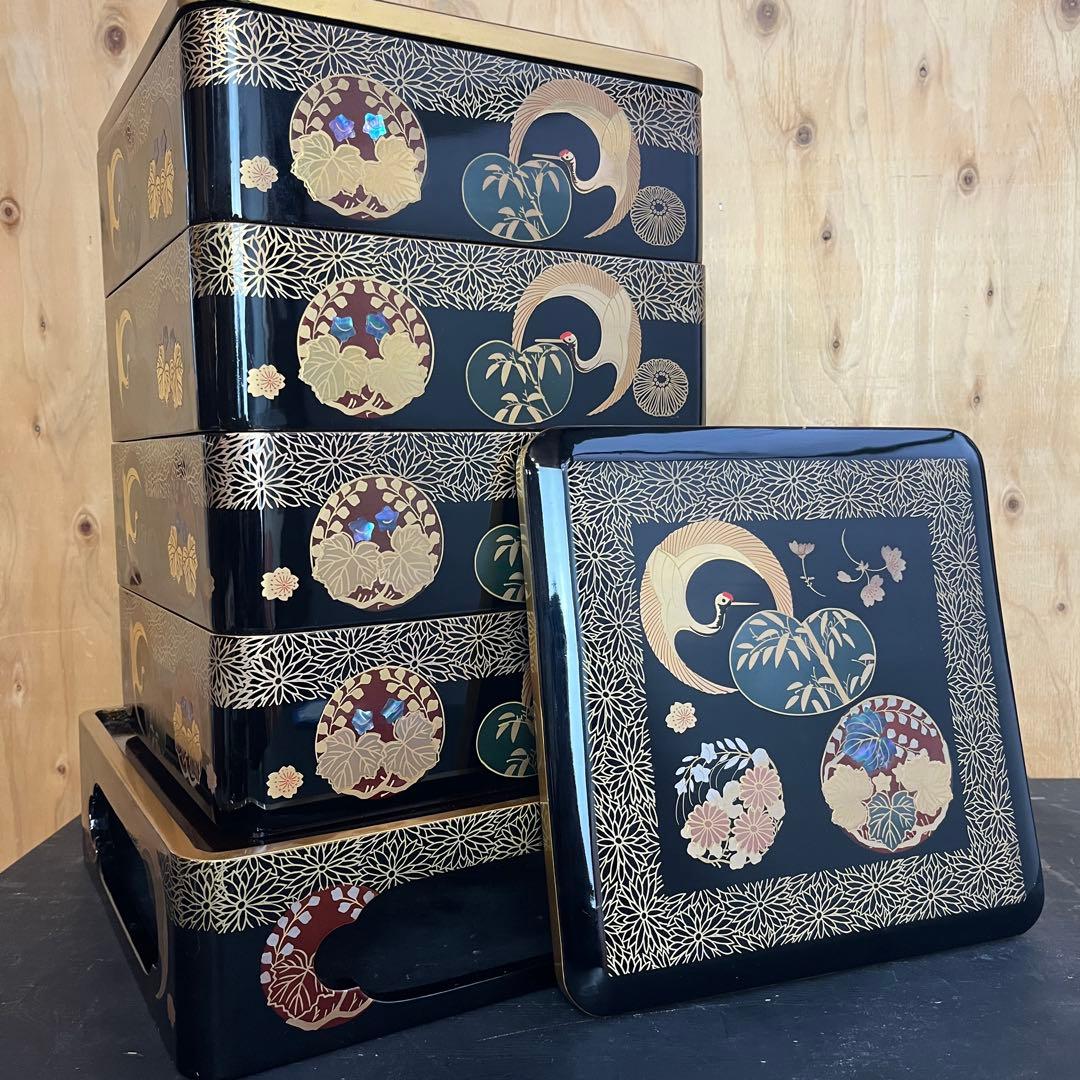 重箱 最高級 四段 重台 金盛 高蒔絵 螺鈿 梨子地 漆共箱 正月 おせち