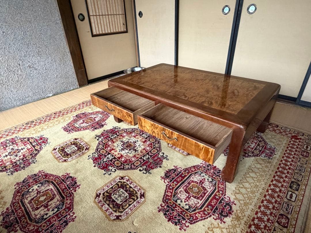 師走ギフト　銘木　座卓 引き出し2つ付き　杢目キラキラ　匠の手工藝