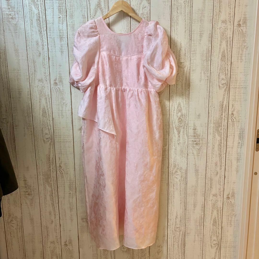 ANDRESD バブルスリーブジャガードドレス ピンク