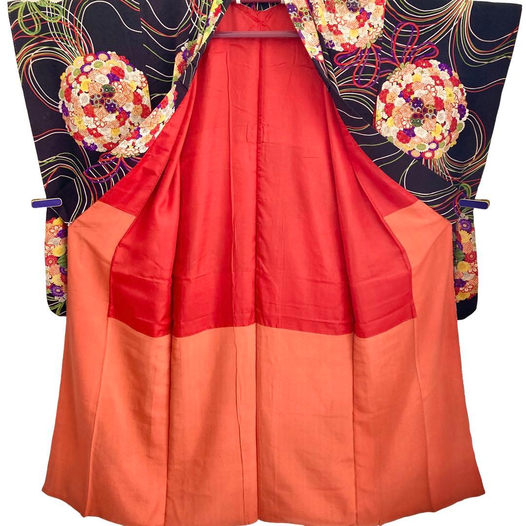 黒紫色 アンティーク 花薬玉 ジュニア 十三詣り アンティーク着物 NO560