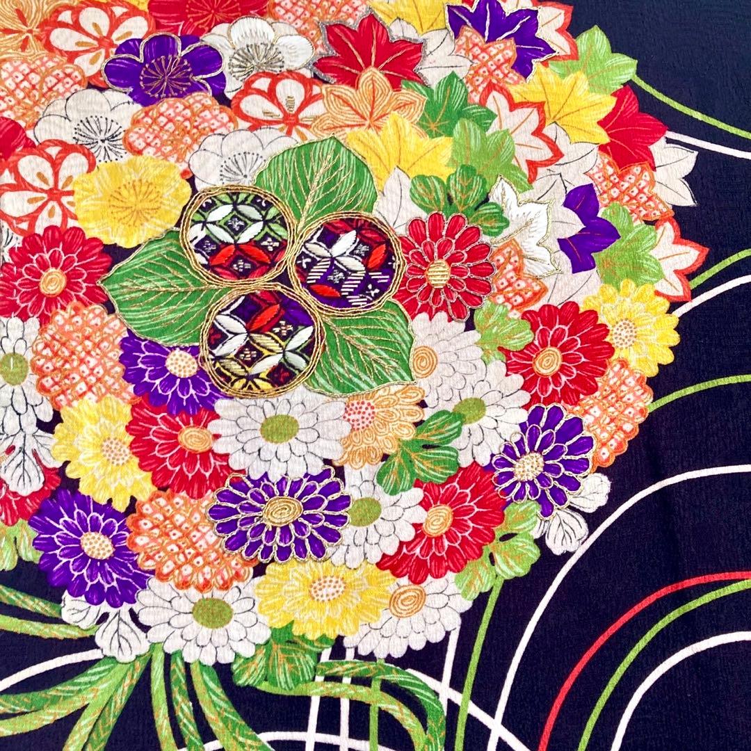 黒紫色 アンティーク 花薬玉 ジュニア 十三詣り アンティーク着物 NO560