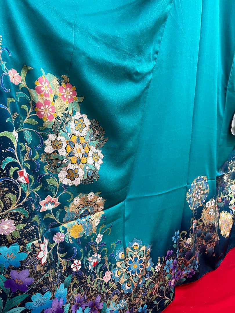 中古　※B品　振袖　仕立て上がり　グリーン　緑　色ヤケあり　B14