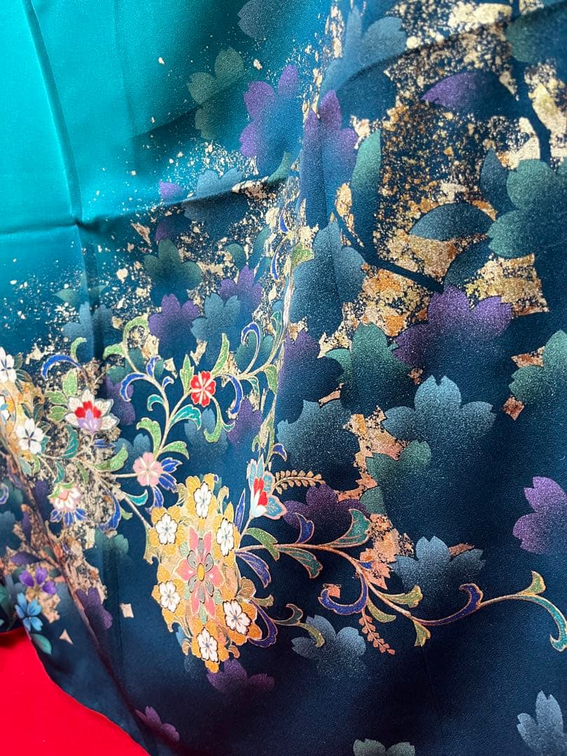 中古　※B品　振袖　仕立て上がり　グリーン　緑　色ヤケあり　B14