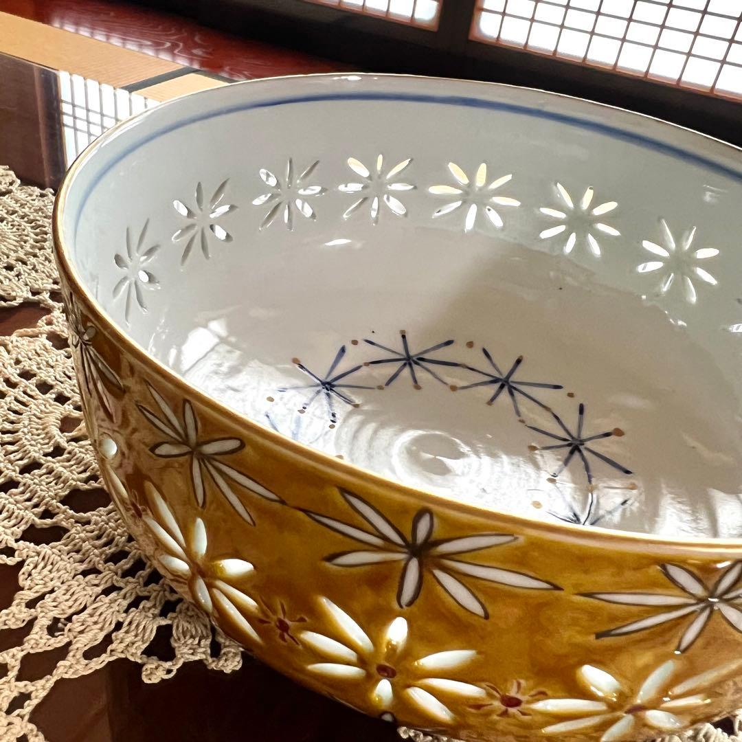 新品未使用 長谷川紀代 すかし彫花鳥文 菓子鉢 作家もの 九谷焼 共箱 共布