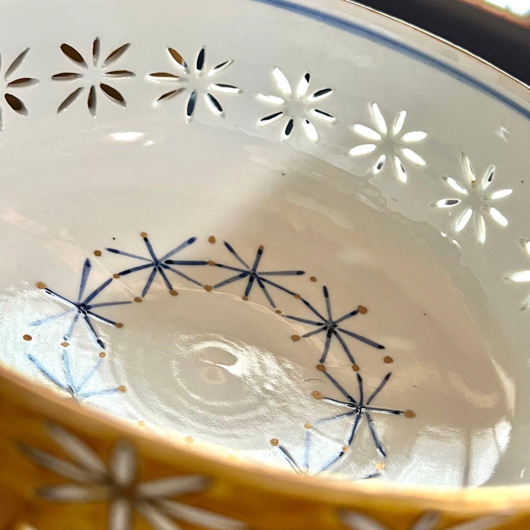 新品未使用 長谷川紀代 すかし彫花鳥文 菓子鉢 作家もの 九谷焼 共箱 共布