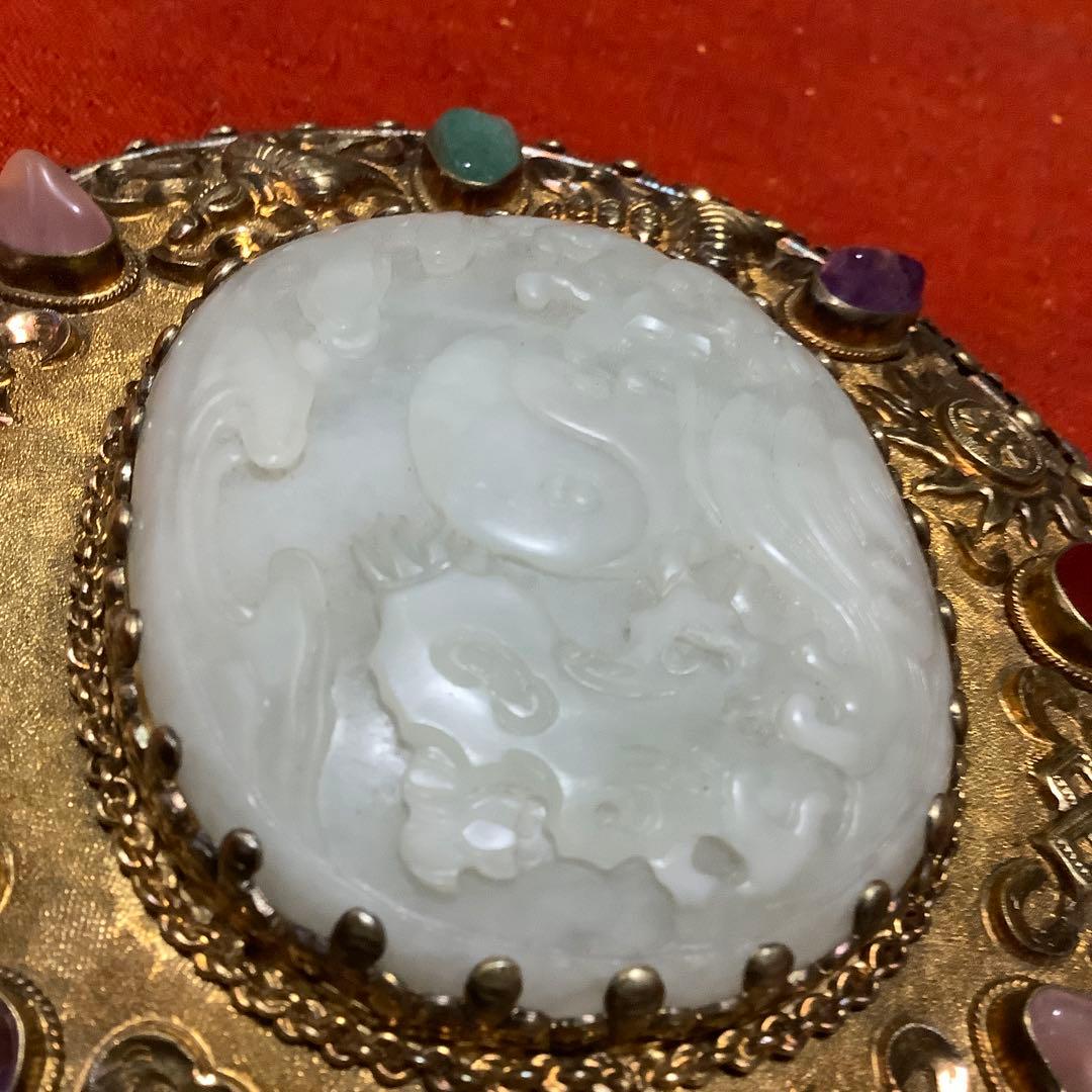 中国工芸品　翡翠彫刻の装飾手鏡(シルバー刻印)