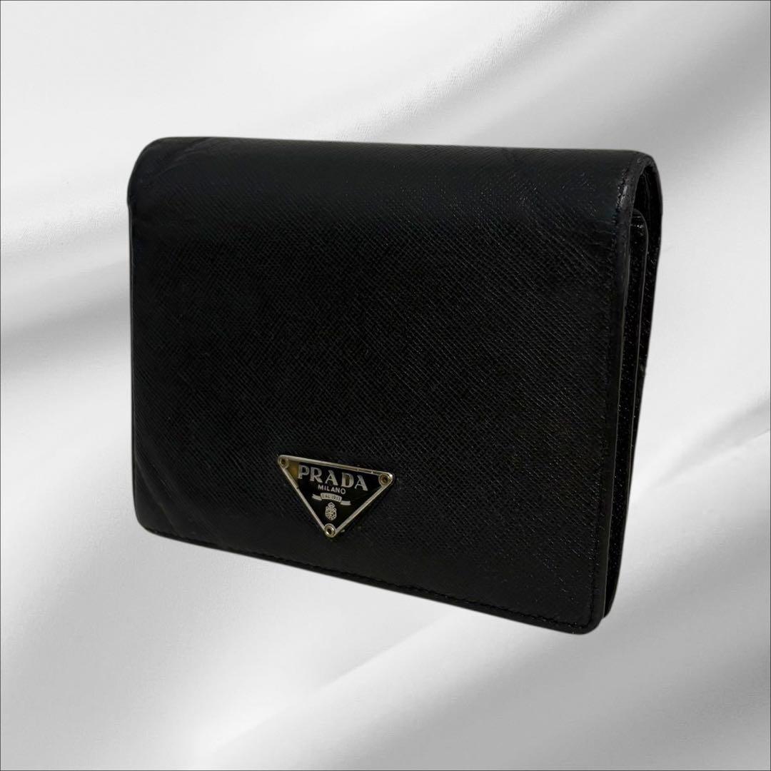 美品✨ PRADA プラダ 二つ折り財布 サフィアーノ ブラック 三角ロゴ