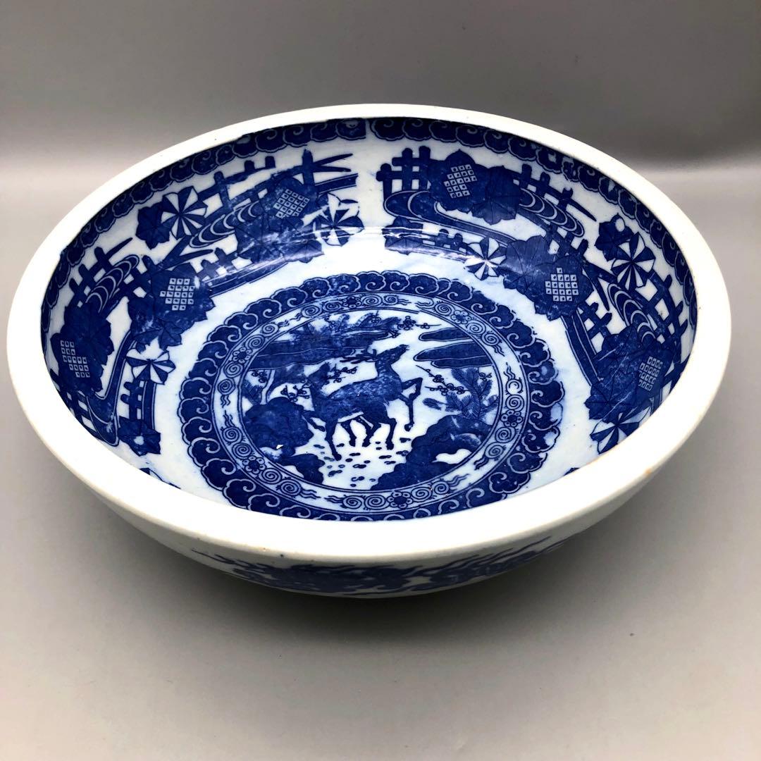 明治時代古伊万里鹿獅子図柄ベロ藍印判手鉢ボウル24cm伊万里焼骨董品