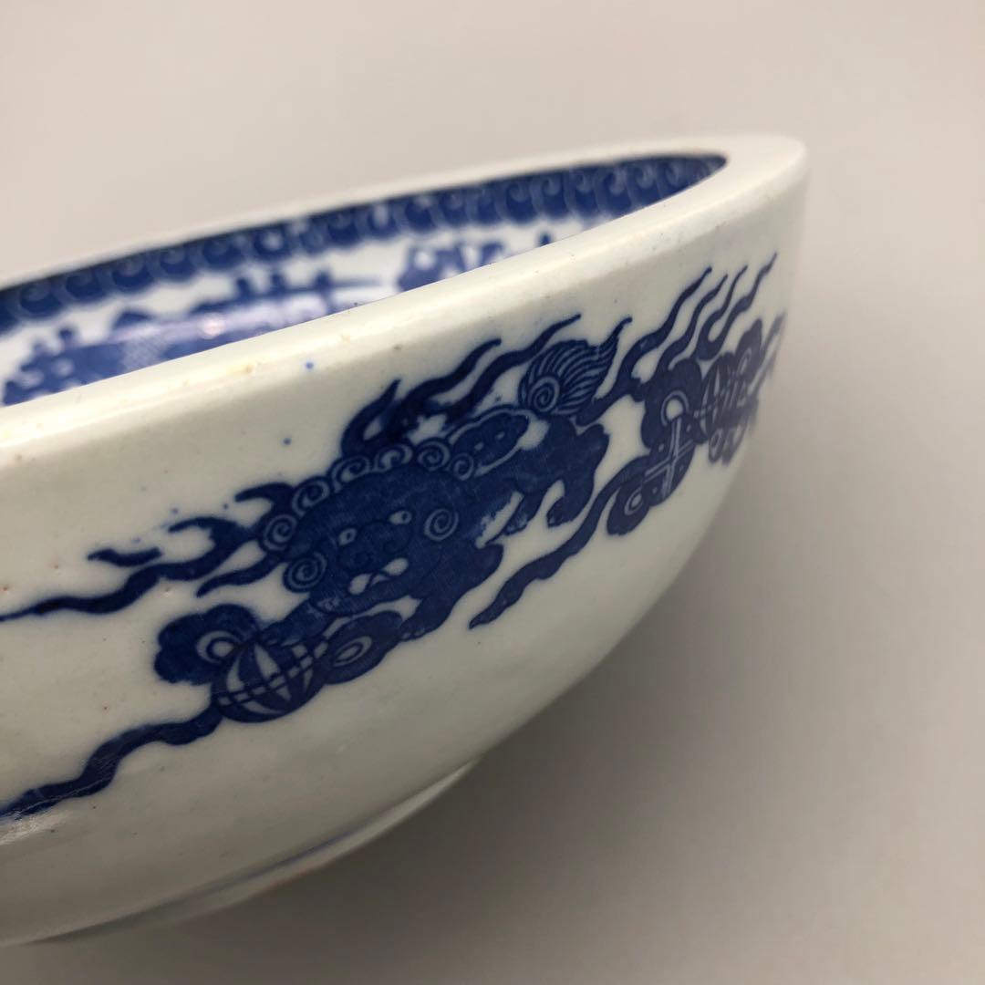 明治時代古伊万里鹿獅子図柄ベロ藍印判手鉢ボウル24cm伊万里焼骨董品