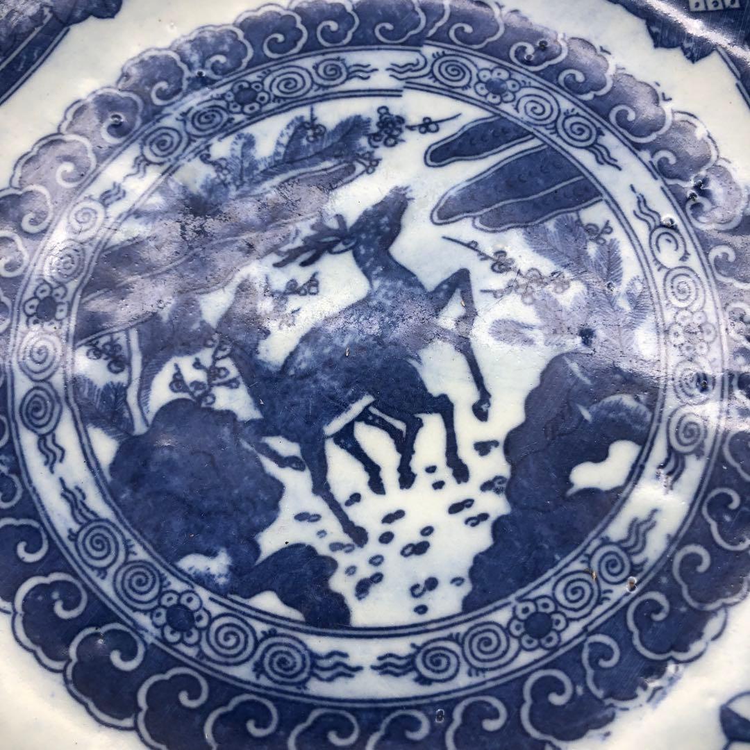 明治時代古伊万里鹿獅子図柄ベロ藍印判手鉢ボウル24cm伊万里焼骨董品