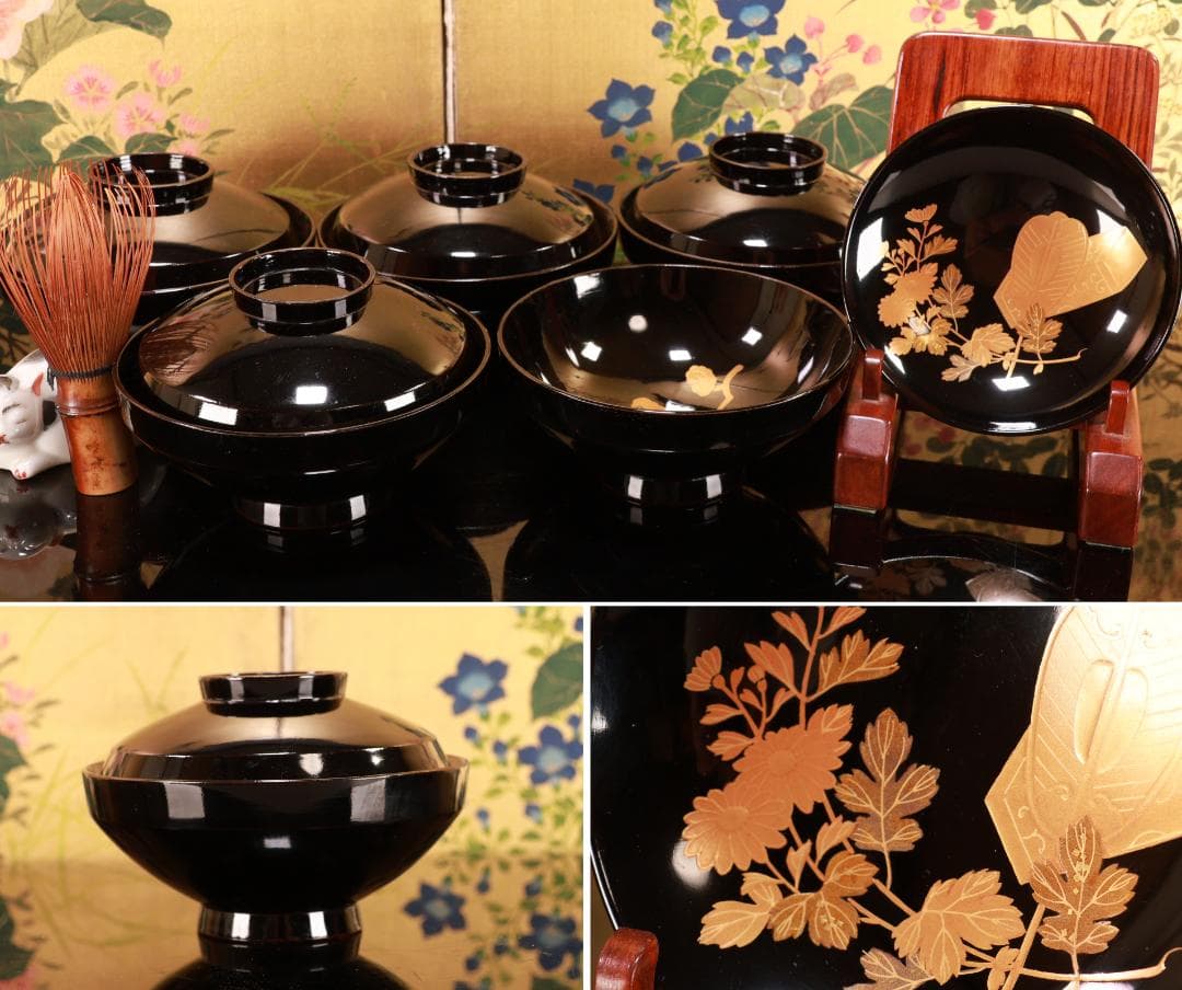 時代輪島塗　目出た図金蒔絵　吸物椀　五客　木製　霊芝　草花 BJ047