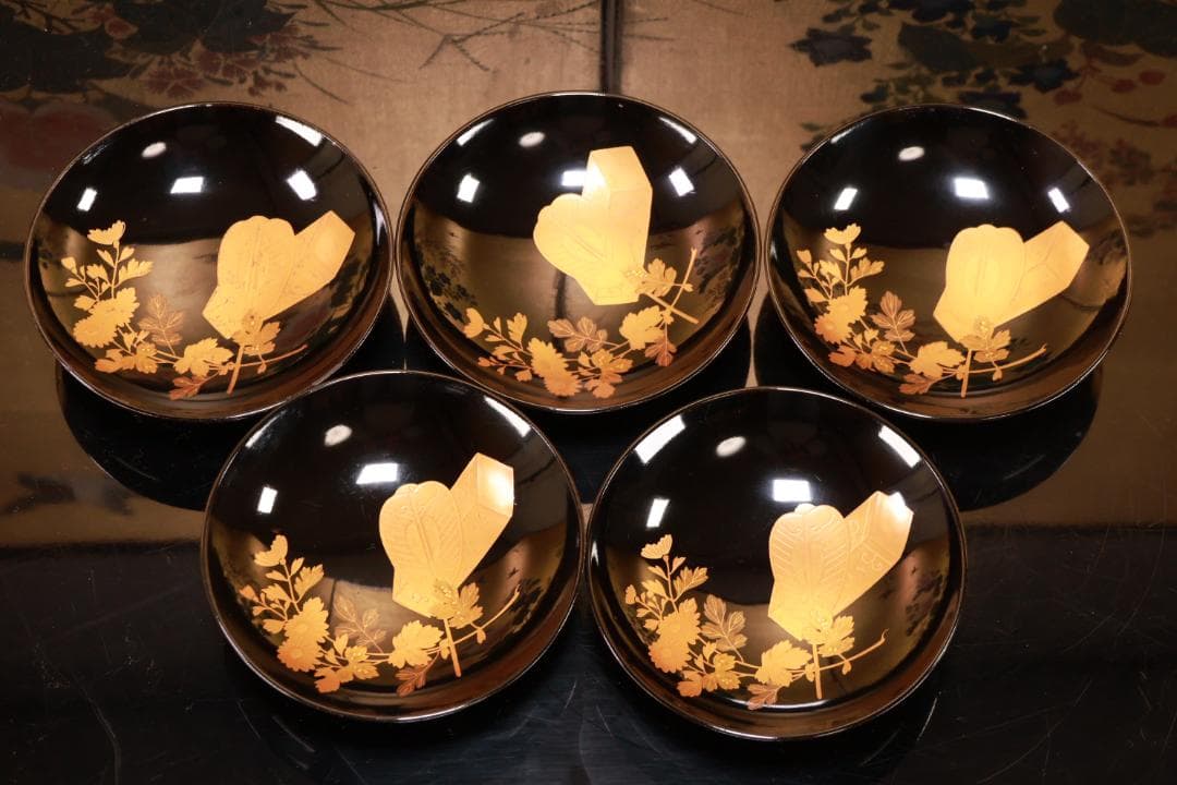 時代輪島塗　目出た図金蒔絵　吸物椀　五客　木製　霊芝　草花 BJ047