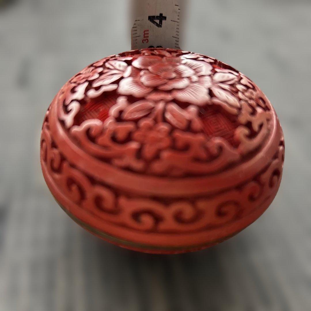 中国骨董旧蔵【民国時代銅胎彫漆堆朱内七宝香合】高級厚重希少珍貴細工精密彫刻牡丹図