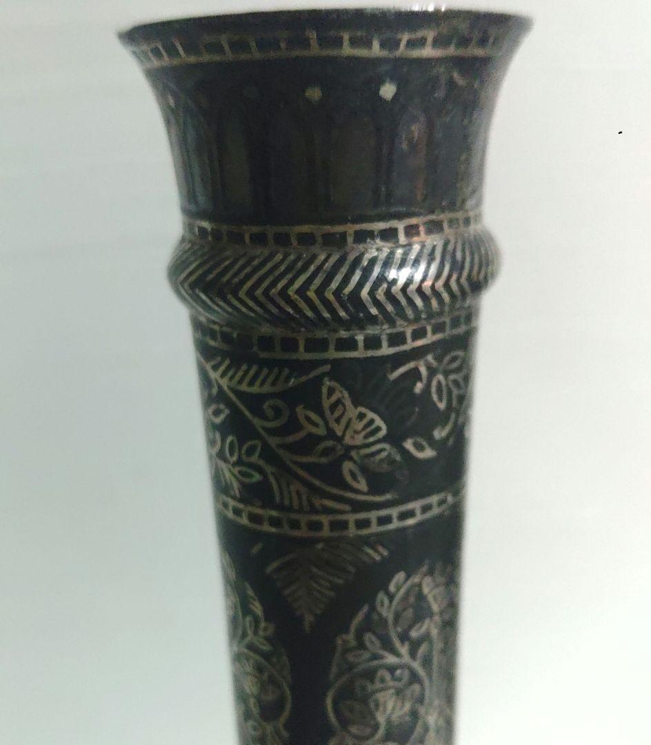 インド　銀象篏　花瓶　置物　草華紋　金属工芸　ミ10