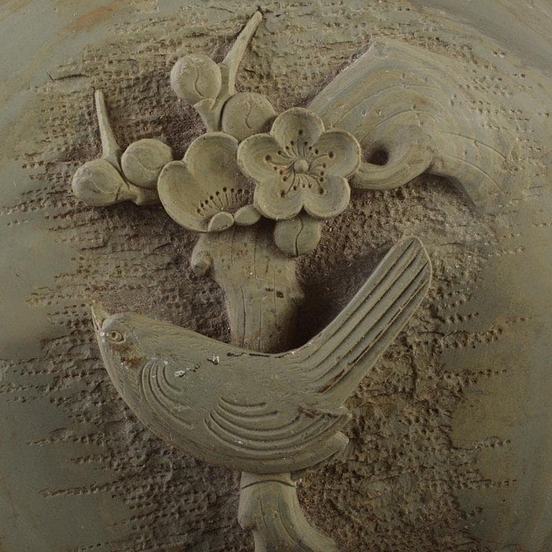 中国　書道具　滑原端渓石　玉泉作　梅木に鳥刻　緑端渓硯　C　R6094