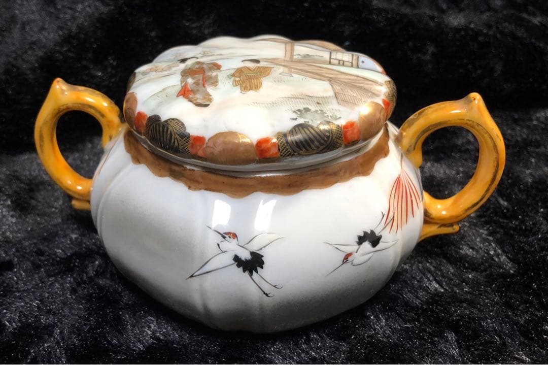 九谷焼 金襴手飾鉢 金彩色絵　人物風景図鉢 明治期 西田銘　古美術 骨董