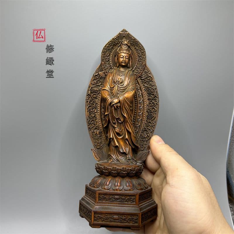 【修縁堂】職人手作り 西方三聖 精彫造像 観音菩薩 阿弥陀如来 勢至菩薩 木彫り