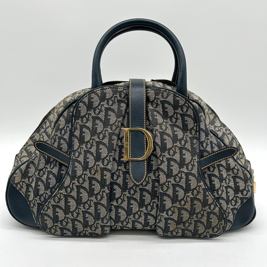 【美品】クリスチャンディオール ダブルサドル ハンドバッグ トロッター ネイビー