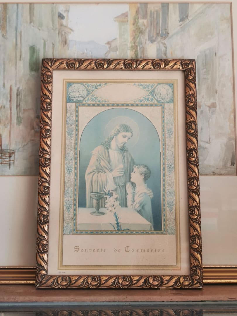 アンティークベルギー キリストと少年 初聖体 天使羊鳥透し絵 ローズ木彫フレーム