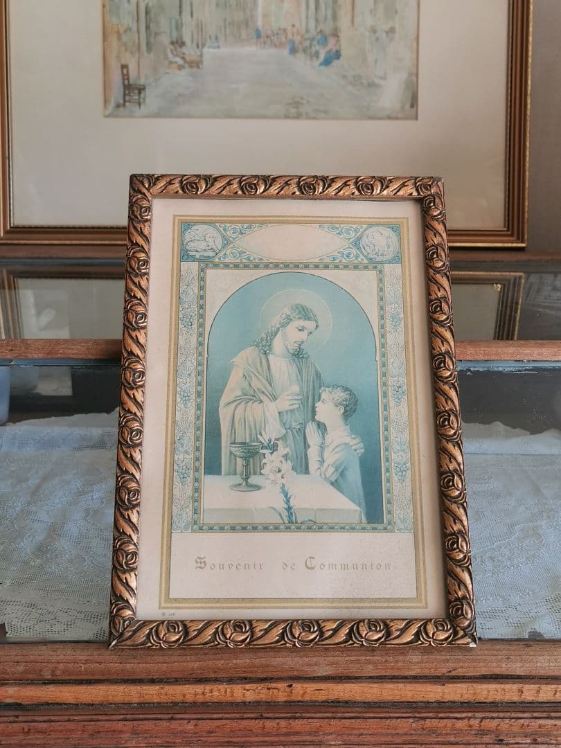 アンティークベルギー キリストと少年 初聖体 天使羊鳥透し絵 ローズ木彫フレーム