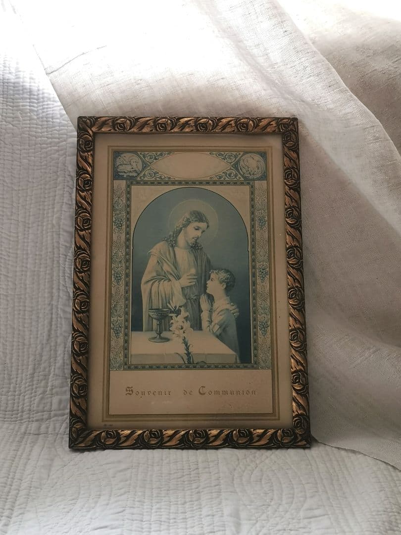 アンティークベルギー キリストと少年 初聖体 天使羊鳥透し絵 ローズ木彫フレーム