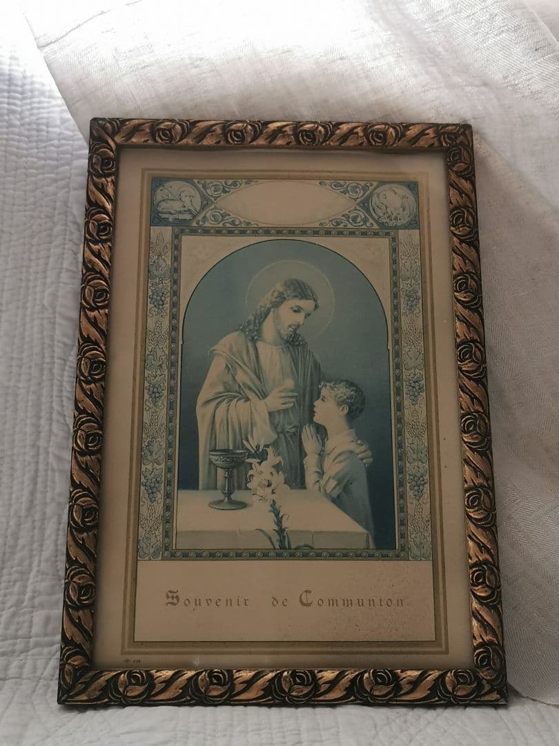 アンティークベルギー キリストと少年 初聖体 天使羊鳥透し絵 ローズ木彫フレーム