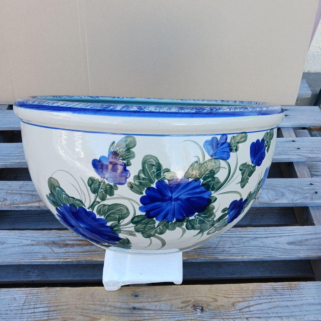 新品　∅50　陶器　睡蓮鉢　特大　メダカ鉢　難有　手書き絵　花柄　手造りLKB2