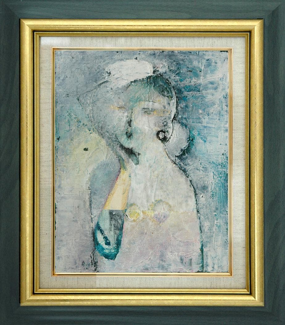 油絵 菅家令子 絵 絵画インテリア額付(青緑＋金色の枠)uF6-071802女性