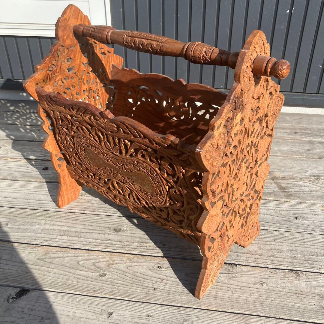 アンティーク 象嵌細工 彫刻 木製マガジンラック レトロ ビンテージヴィンテージ