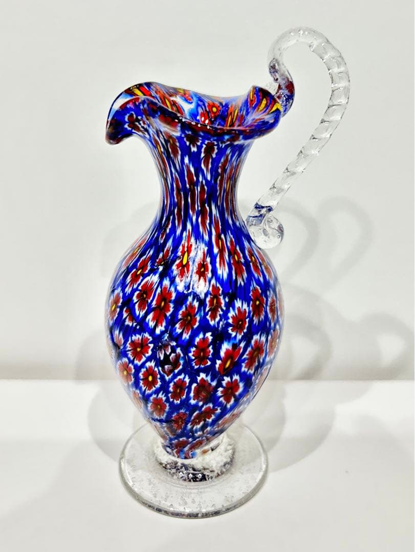 レトロ ベネチアン ガラス ムラーノ ミルフィオリ 水差し イタリア ブルー