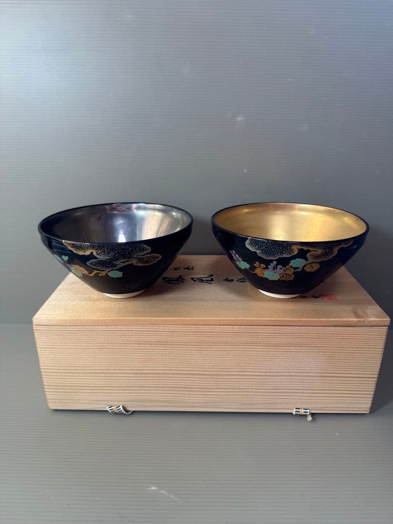 2787 原平窯　瑞鳥鳳凰　金銀天目抹茶茶碗　2客　未使用