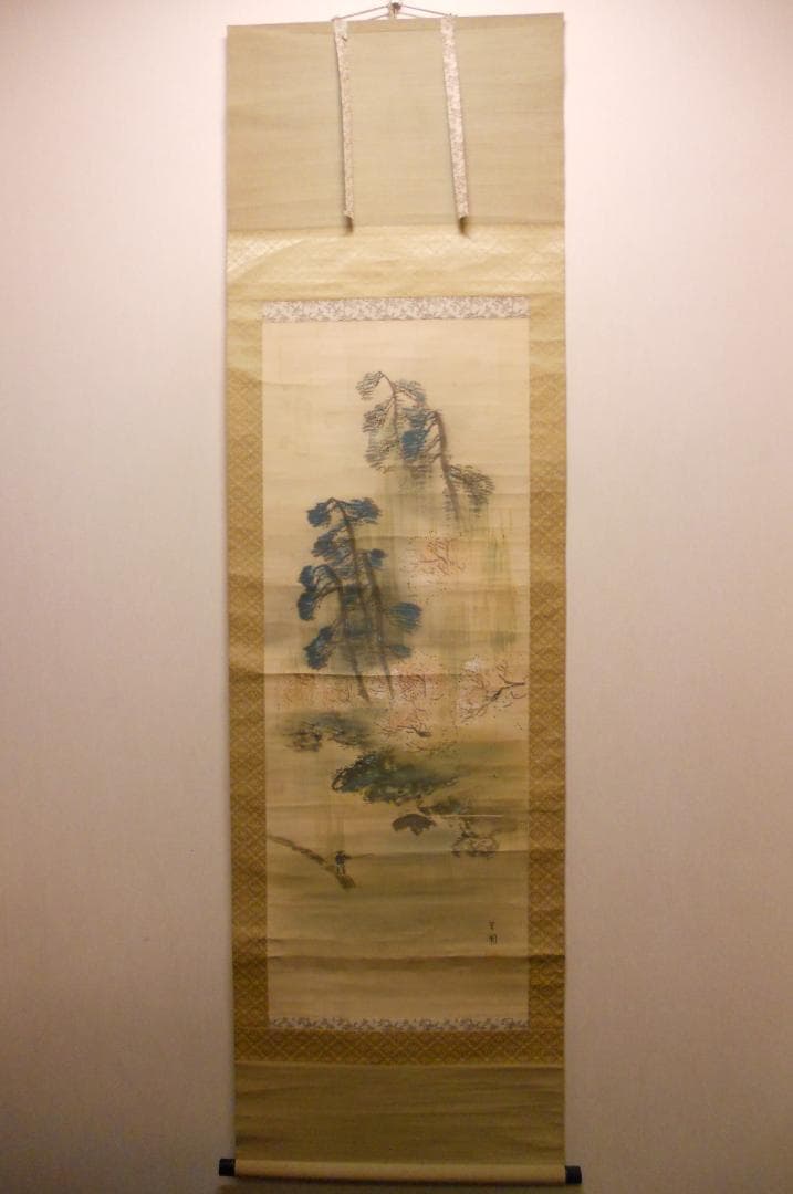 掛け軸 芝山翠圃 嵐山春雨 絹本 希少 軸装 茶道具 掛軸 です。