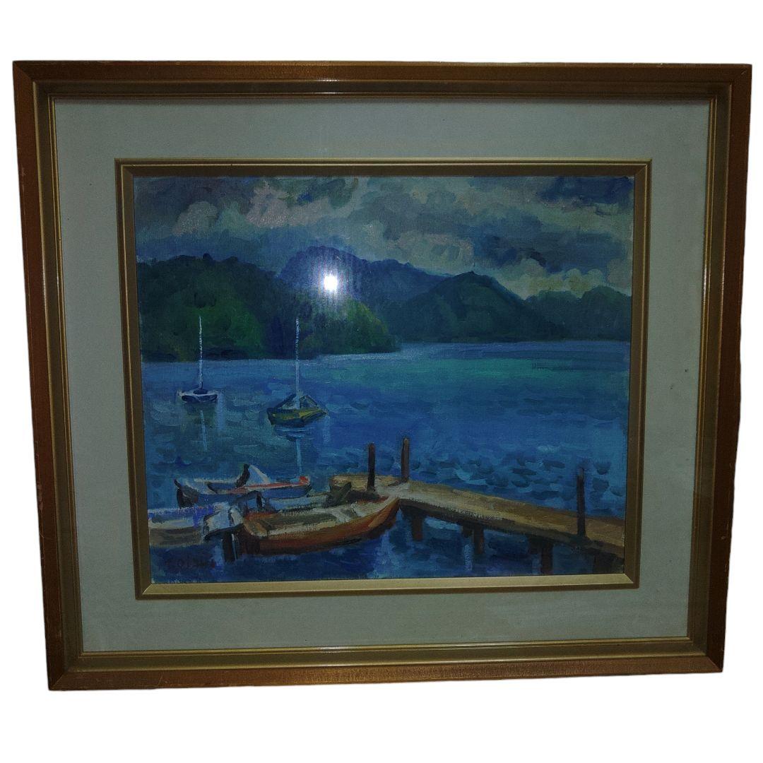 真作　油彩画　 海とボート