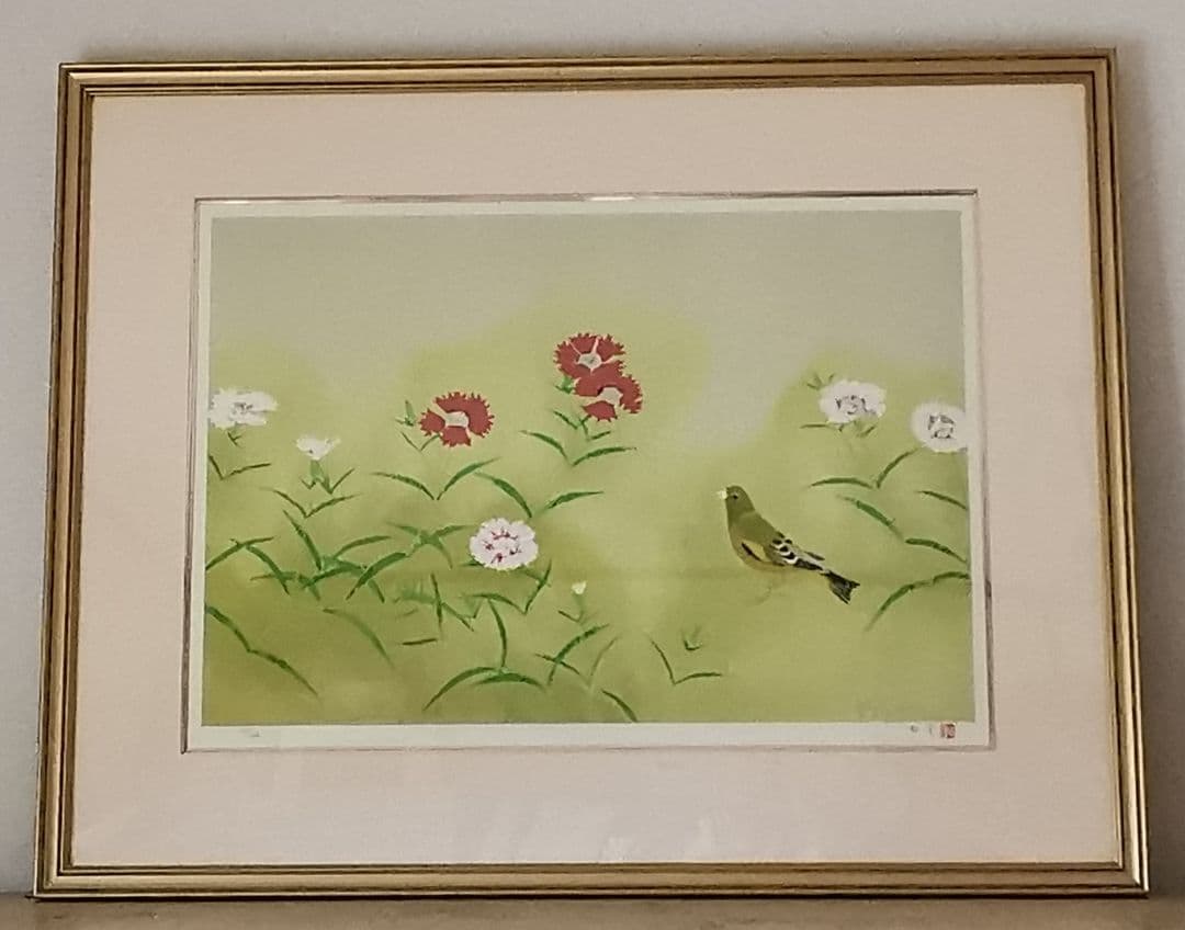 上村松篁 ナデシコ 大型額装品75㎝ 日本画リトグラフ 撫子203/250 落款