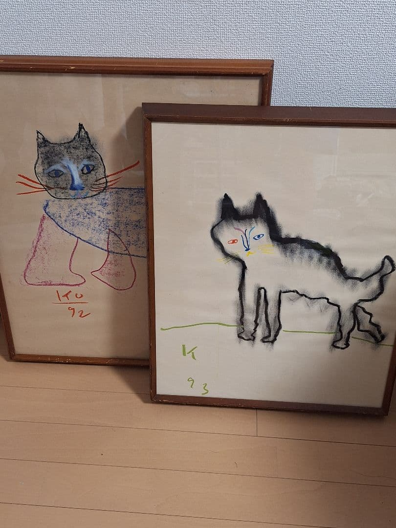 犀吉　　黒田征太郎　クレヨン画　猫　2つセット