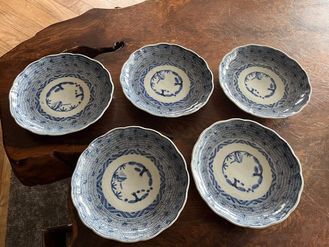 古伊万里　微塵唐草染付７寸５枚セット（太明成化年製）貴重