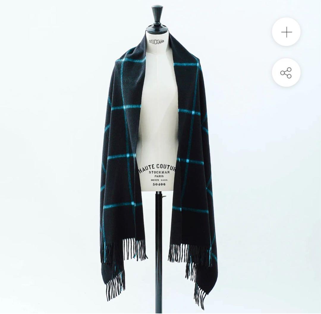 Joshua Ellisカシミヤストールブラック×ターコイズブルーマフラーp53