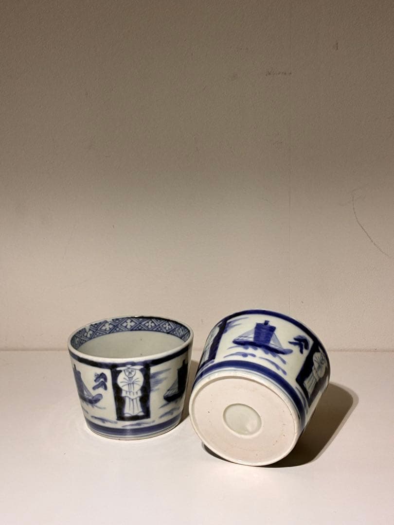 古伊万里 蕎麦猪口 異国人 帆船 ラッタン 南蛮人 アンティーク 骨董2個セット