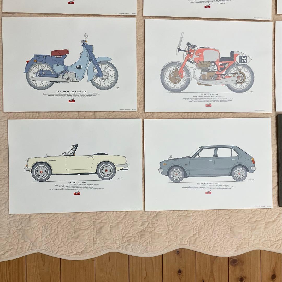 ホンダ　バイクと車のイラストレーション18枚と額