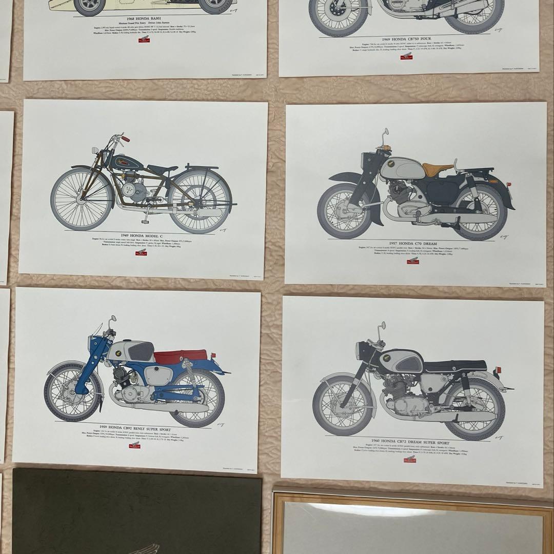 ホンダ　バイクと車のイラストレーション18枚と額