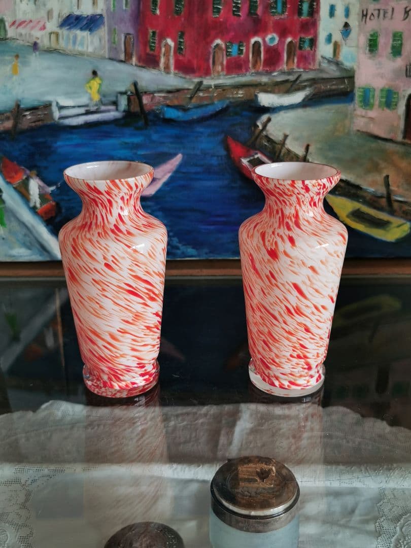 アンティーク ヴェネチアンガラス ブラッドオレンジ＆ホワイト 工房物ペアベース