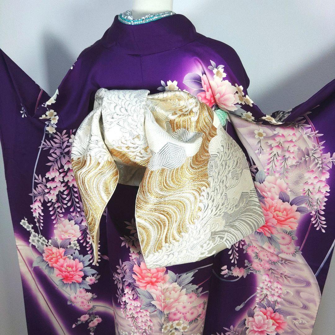 振袖　完全フルセット　24点　成人式　結婚式　前撮り　紫　金　緑　ラインストーン