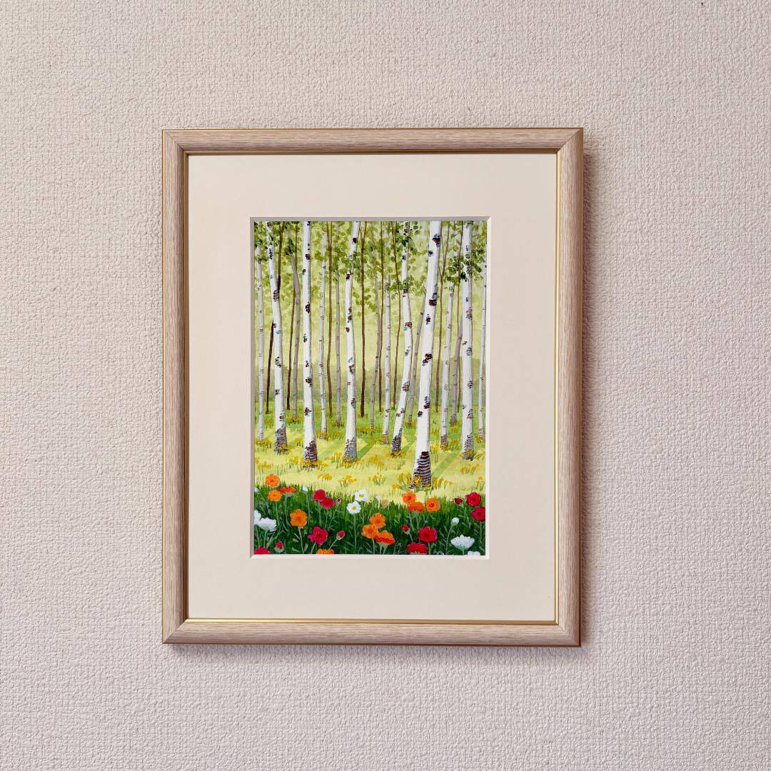 アクリル画　原画　「白樺林02」額縁付き　SMサイズ　風景画